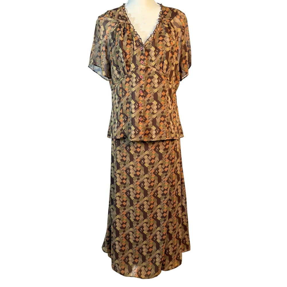 Y2K Vintage Jones Wear 14 2-Piece Skirt Set Geometric Abstract Brown Olive Maxi